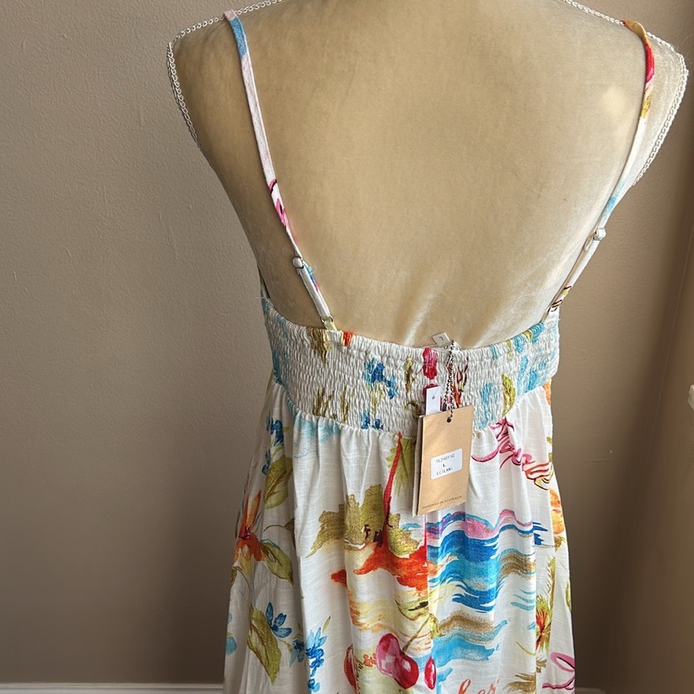 Label Of Love Leilani Dress New Sz L Linen Blend Smocking Tropical Fruits - Picture 2 of 5